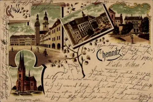 Litho Chemnitz in Sachsen, Börse, Rathaus, Neumarkt, Markuskirche