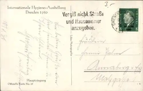 Ak Dresden, Internationale Hygiene Ausstellung 1930, Haupteingang