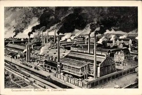 Ak Gelsenkirchen im Ruhrgebiet, Gußstahlwerke, Eisenwerke, rauchende Schornsteine