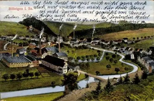 Ak Böhrigen Striegistal Sachsen, Gesamtansicht, rauchende Schornsteine, Fluss, Brücke