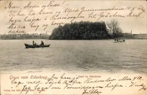 Ak Molfsee in Schleswig-Holstein, Insel im Schulensee, Boote, Eiderkrug