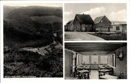 Ak Presberg Rüdesheim am Rhein, Pension Zur Wisperhöhe, Speisesaal, Wispertal vom Teufelsfelsen