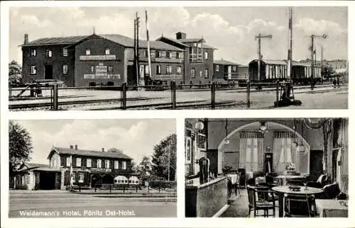 Ak Pönitz Scharbeutz in Holstein, Bahnhof, Weidemanns Hotel, Innen und Außen