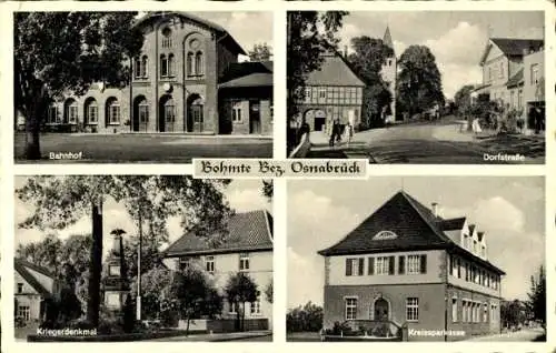 Ak Bohmte in Niedersachsen, Kreissparkasse, Kriegerdenkmal, Bahnhof, Dorfstraße