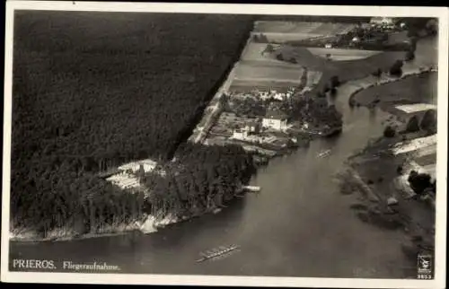 Ak Prierosbrück Heidesee in der Mark, Sporthaus Dubrow, Fliegeraufnahme