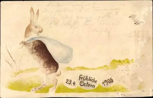 Präge Ak Glückwunsch Ostern, Osterhase, Sack, Vogel