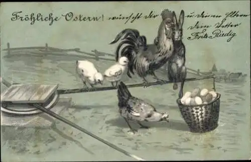 Litho Glückwunsch Ostern, Hahn, Osterhase, Ostereier, Küken