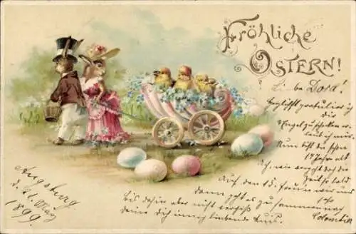 Litho Glückwunsch Ostern, Osterhasen, Küken, Ostereier