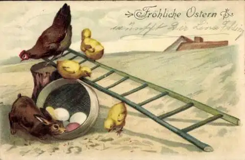 Präge Litho Glückwunsch Ostern, Henne mit Küken, Hase, Ostereier