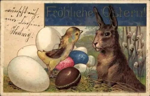 Präge Litho Glückwunsch Ostern, Osterhase, Küken, Ostereier