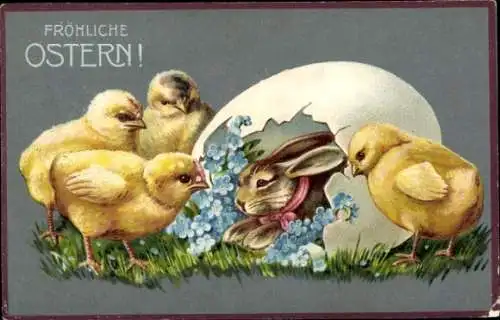 Präge Ak Glückwunsch Ostern, Hase im Ei, Küken, Vergissmeinnicht