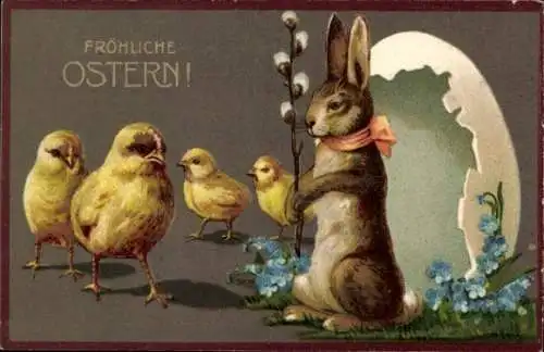 Präge Ak Glückwunsch Ostern, Osterhase, Weidenkätzchen, Küken, Vergissmeinnicht