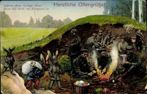 Ak Glückwunsch Ostern, Gefreiter Hase bringt Eier durch nen Franzmann an, Osterhase in Uniform, I.WK