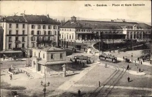 Ak Genève Genf Stadt, Place et Gare Cornavin