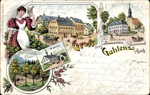 Litho Gahlenz Oederan Sachsen, Schule, Kirche, Brauerei, Waldstraße nach Hammer