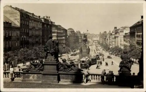 Ak Praha Prag Tschechien, Wenzelsplatz, Denkmal, Straßenbahn