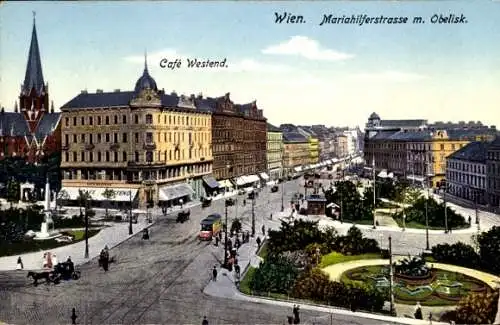 Ak Wien 6. Mariahilf Österreich, Cafe Westend, Mariahilfer Straße mit Obelisk, Grünanlagen