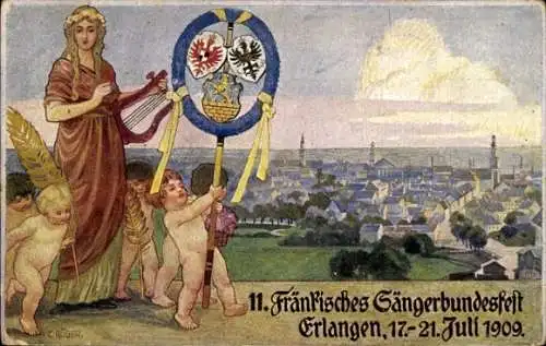 Ganzsachen Künstler Ak Erlangen in Mittelfranken Bayern, 11. Fränkisches Sängerbundesfest 1909