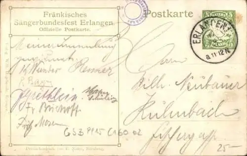 Ganzsachen Künstler Ak Erlangen in Mittelfranken Bayern, 11. Fränkisches Sängerbundesfest 1909