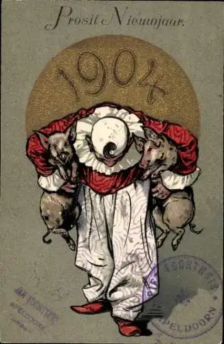 Präge Litho Glückwunsch Neujahr, Clown mit zwei Schweinen im Arm, Jahreszahl 1904