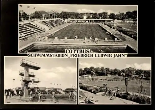 Ak Cottbus Brandenburg, Schwimmstadion Friedrich Ludwig Jahn, Schwimmbecken, Sprungturm, Liegewiese