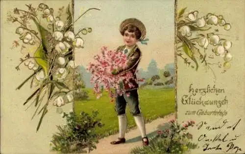 Präge Litho Herzlichen Glückwunsch zum Geburtstag, Kind mit Blumen