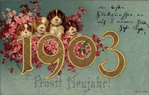 Präge Ak Prosit Neujahr, 1903, Hundewelpen