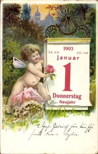 Ak Neujahr, 1. Januar 1903, Engel mit Kalender