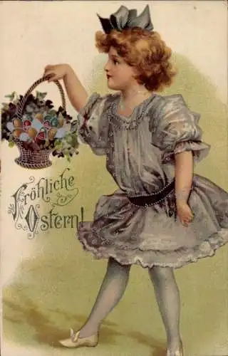 Litho Fröhliche Ostern, Mädchen mit Osterkorb