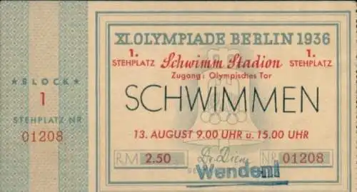 Eintrittskarte XI. Olympiade Berlin 1936, Schwimmstadion, Schwimmen, 13.8.1936, Stehplatz