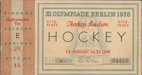 Eintrittskarte XI. Olympiade Berlin 1936, Hockeystadion Reichssportfeld, Hockey 13.8.1936, Sitzplatz