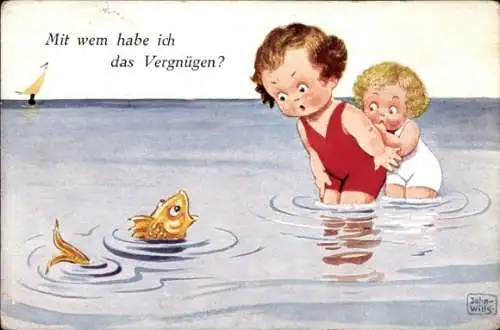 Künstler Ak Wills, John, Kinder in Badeanzügen im Wasser, Fisch