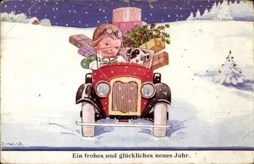 Künstler Ak Wills, John, Fröhliches Neujahr, Kind im Auto, Geschenke, Hund