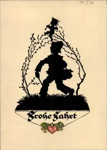 Scherenschnitt Künstler Ak Plischke, Frohe Fahrt, Musizierendes Kind, Reisender