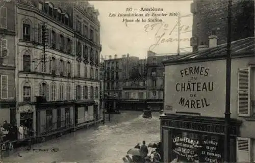 Ak Asnières-sur-Seine Hauts-de-Seine, Überschwemmungen 1910, Place de la Station
