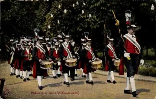 Ak Peterstaler Miliz, Schwarzwälder Tracht, Marschierende Männer, Orchester, Trommel