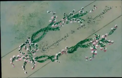 Zelluloid Ak Kitsch, Blumen, Tannenzweige