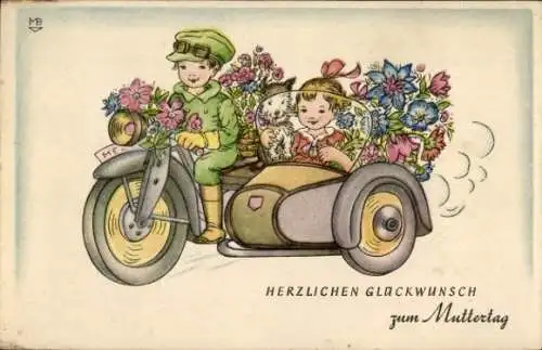 Künstler Ak Glückwunsch Muttertag, Gratulanten, Kinder, Motorrad, Hund, Blumen