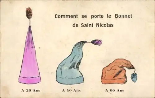 Ak Wie wird der Nikolaushut getragen, mit 20 Jahren, mit 40 Jahren, mit 60 Jahren?