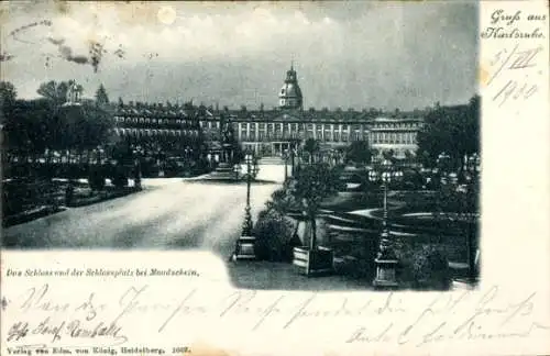 Mondschein Ak Karlsruhe in Baden Württemberg, Blick auf das alte Schloss und der Schlossplatz