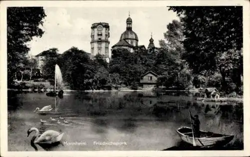 Ak Mannheim in Baden, Friedrichspark, Schwäne, Fontäne, Boot