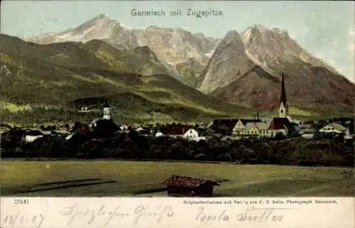 Ak Garmisch Partenkirchen in Oberbayern, Gesamtansicht, Zugspitze