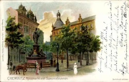 Litho Chemnitz in Sachsen, Rossmarkt mit Saxoniabrunnen