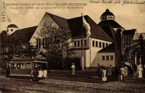 Ak Dresden Altstadt, Hygiene Ausstellung 1911, Halle, Straßenbahn