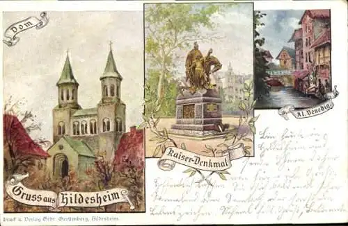 Litho Hildesheim in Niedersachsen, Dom, Kaiser Denkmal, Klein Venedig