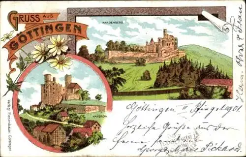 Litho Gruß aus Göttingen, Burg Hardenberg und Hanstein