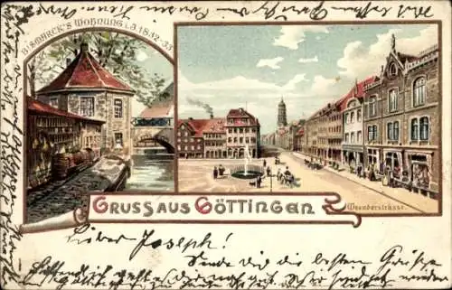 Litho Göttingen in Niedersachsen, Weender Straße, Bismarck's Wohnung 1832