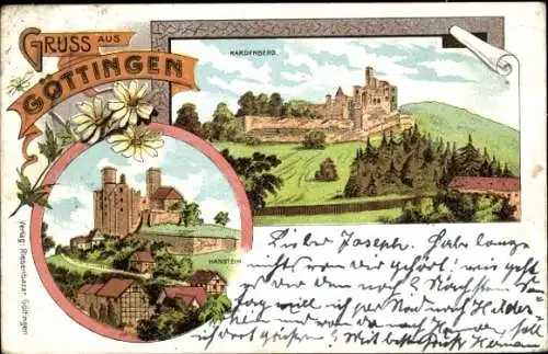 Litho Gruß aus Göttingen, Burg Hardenberg und Hanstein