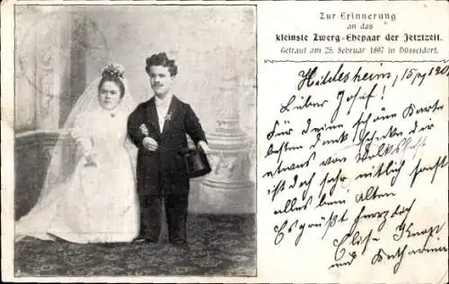 Ak Düsseldorf am Rhein, kleinstes Zwerg Ehepaar der Jetztzeit, Hochzeit 1897