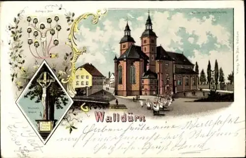 Litho Walldürn im Odenwald Baden, Kirche mit Wallfahrern, Missionskreuz